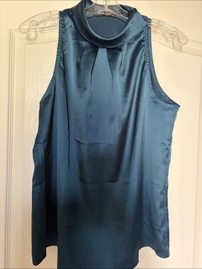 Allegra K Teal Satin Mock Neck Sleeveless Blouse